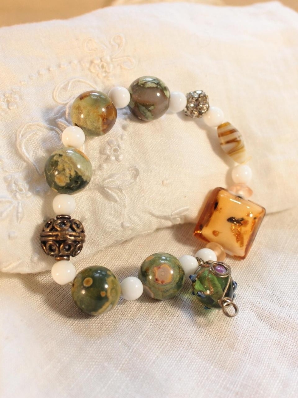 Boho Handmade Earthy Beaded Charm Bracelet Green Jasper & Glass